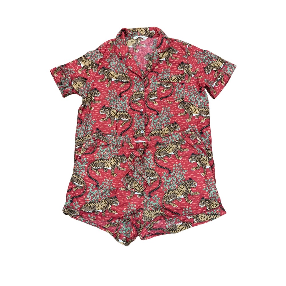 Printfresh Scarlet Leopards Short Sleeve Pajama Set Red Cotton Large L Lounge